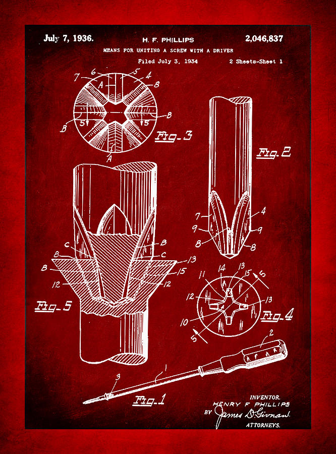 Phillips Screwdriver Patent Drawing 1h Mixed Media by Brian Reaves