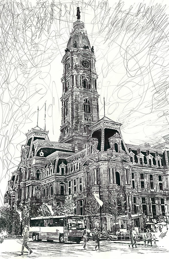 Philadelphia Drawing - Philly City Hall by Michael Volpicelli