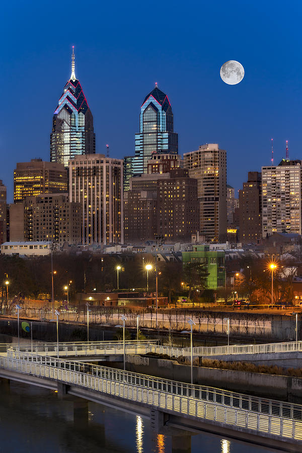 Philly Skyline Full Moon Photograph by Susan Candelario
