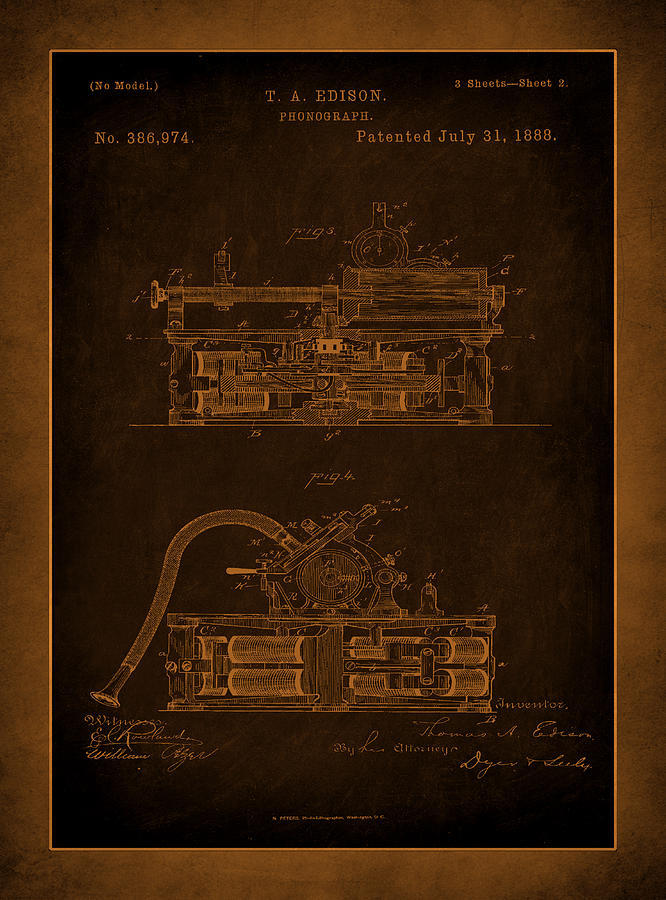 Phonograph Patent Drawing 2h Mixed Media by Brian Reaves