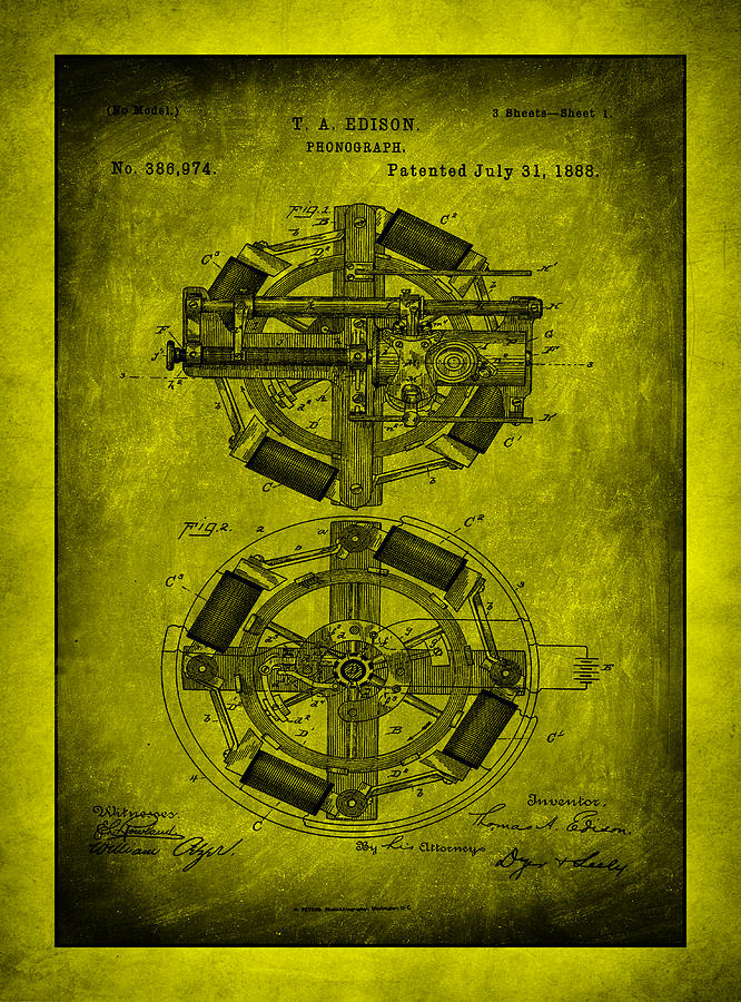 Phonograph Patent Drawing 3e Mixed Media by Brian Reaves