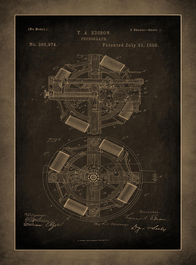 Phonograph Patent Drawing 3f Mixed Media by Brian Reaves