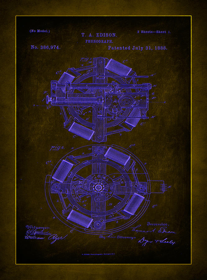 Phonograph Patent Drawing 3n Mixed Media by Brian Reaves