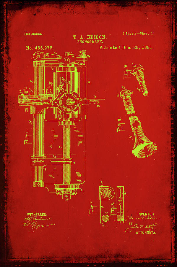 Phonograph Patent Drawing 4d Mixed Media by Brian Reaves