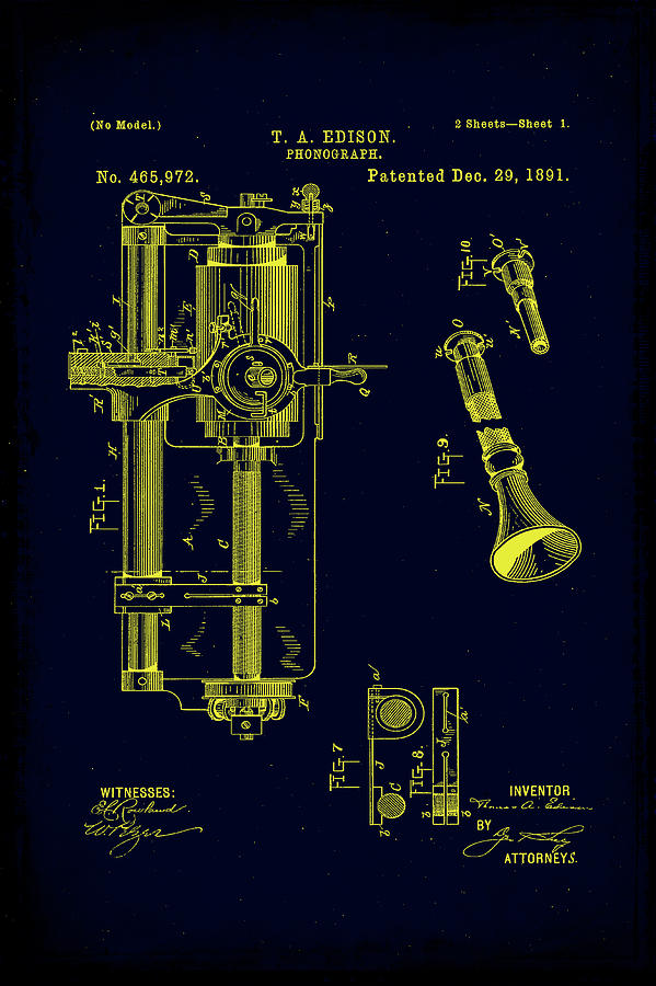 Phonograph Patent Drawing 4h Mixed Media by Brian Reaves