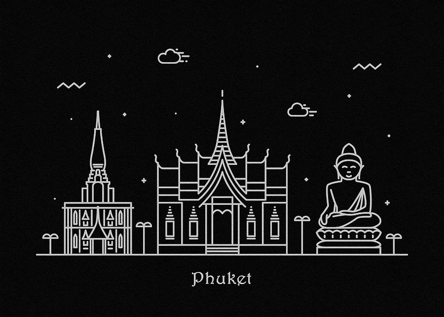 Black And White Drawing - Phuket Skyline Travel Poster by Inspirowl Design