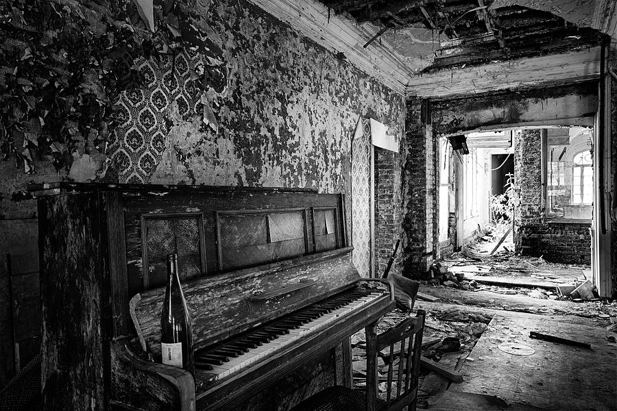 Piano music and wine - abandoned building BW Photograph by Dirk Ercken