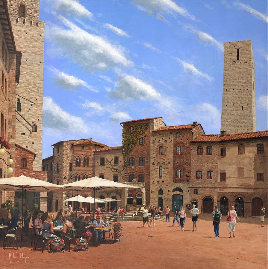 Landscape Painting - Piazza della Cisterna San Gimignano Tuscany by Richard Harpum