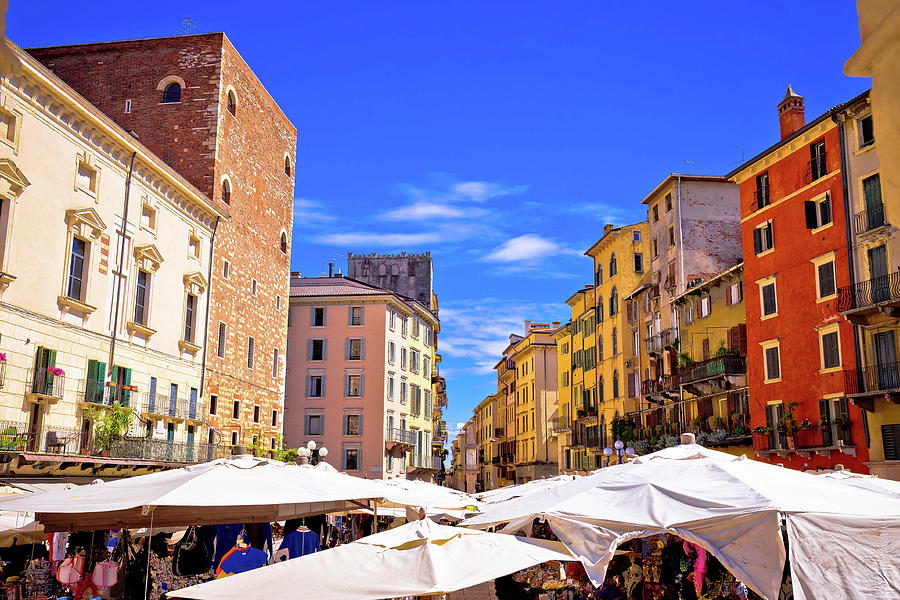 Piazza delle erbe in Verona colorful architecture and market vie Photograph by Brch Photography