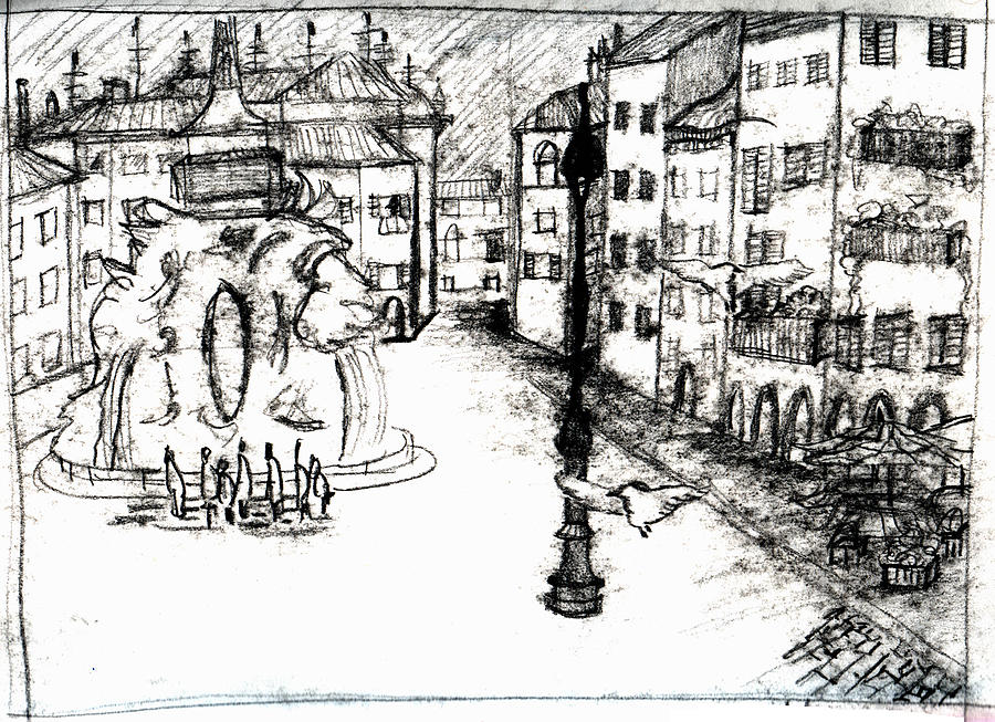 Black And White Drawing - Piazza Navona by Elizabeth Thorstenson