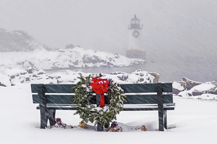 Pickering Light during a snowstorm Winter Island Salem MA Bench Wreath Photograph by Toby McGuire