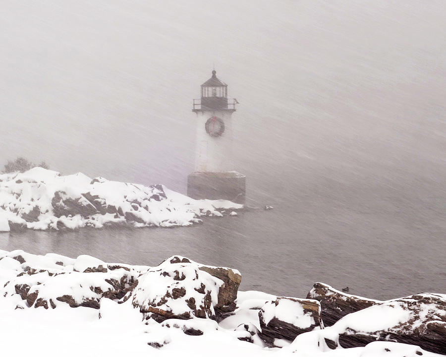 Pickering Light during a snowstorm Winter Island Salem MA Photograph by Toby McGuire