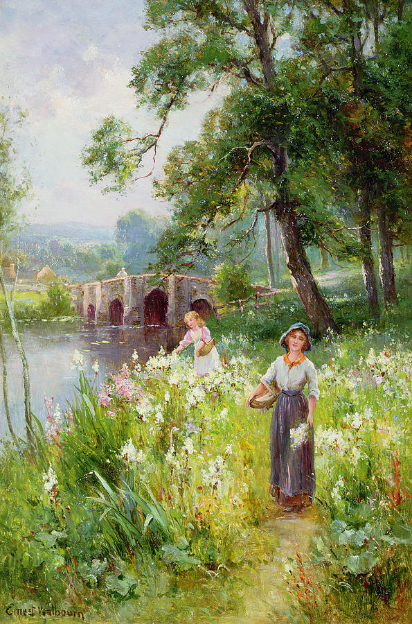 Tree Painting - Picking Flowers by the River by Ernest Walbourn