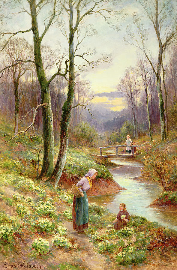 Nature Painting - Picking primroses  by Ernest Walbourn