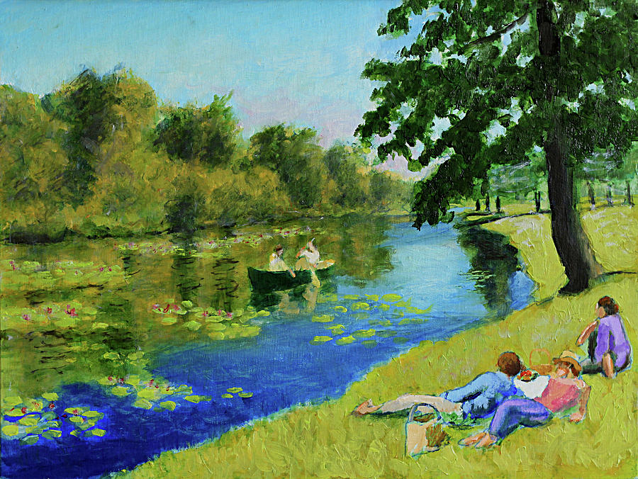 Green Painting - Picnic By The Pond by David Zimmerman