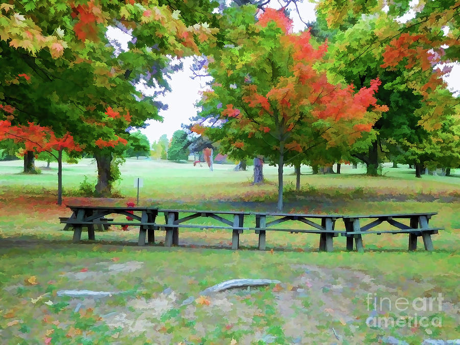 Picnic Tables on Olana 1 Painting by Jeelan Clark