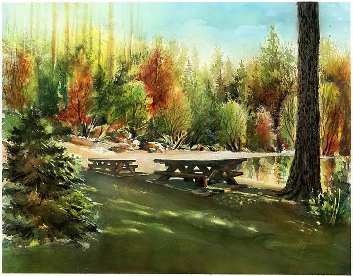 Landscape Painting - Picnick Tables by Dumitru Barliga