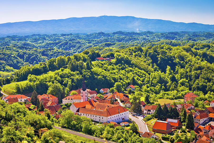 Picturesque town of Klanjec aerial view and Medvednica mountain  Photograph by Brch Photography