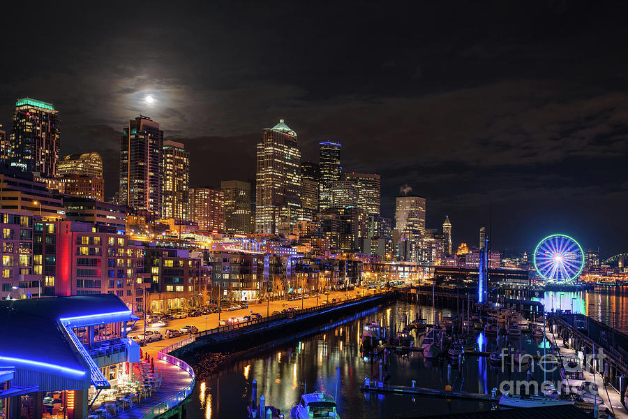 Pier 66 Full Moon Rising Over Seattle Photograph