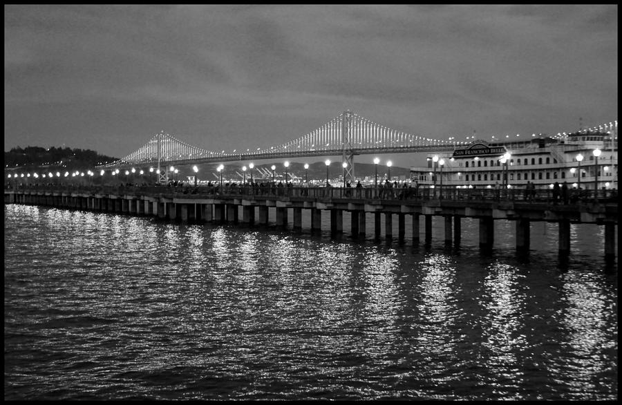 Pier 7 and Bay Bridge Lights at Sunset BW Photograph by Bonnie Follett
