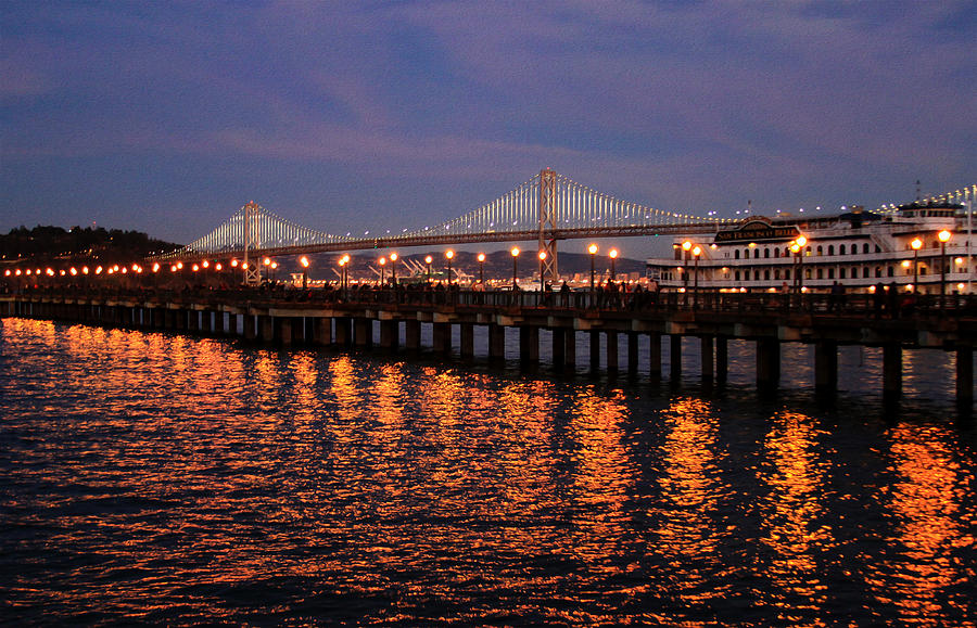 Pier 7 and Bay Bridge Lights at Sunset photo painting Photograph by Bonnie Follett