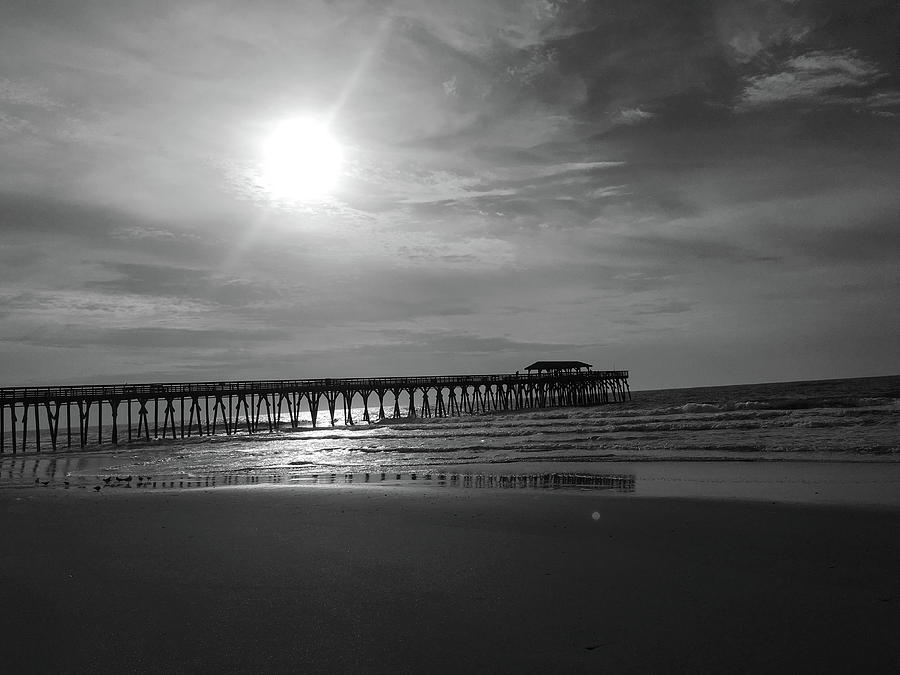 Pier at Myrtle Beach in Black and White Photograph by Kelly Hazel