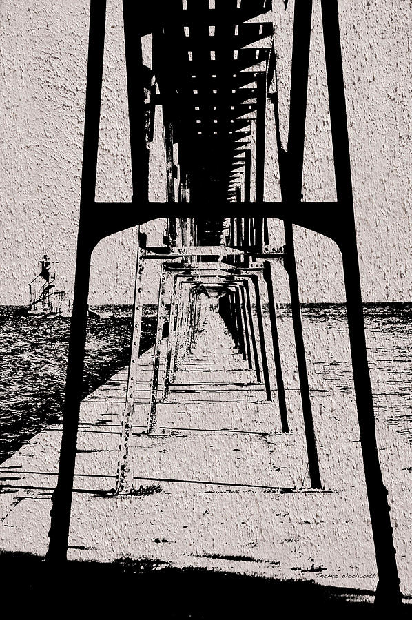 Pier Structure Sturgeon Bay Canal North Pier Wisconsin BW Textured Vertical Photograph by Thomas Woolworth