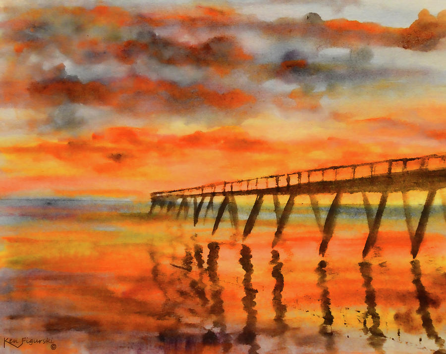 Pier Sunrise Watercolor Painting by Ken Figurski
