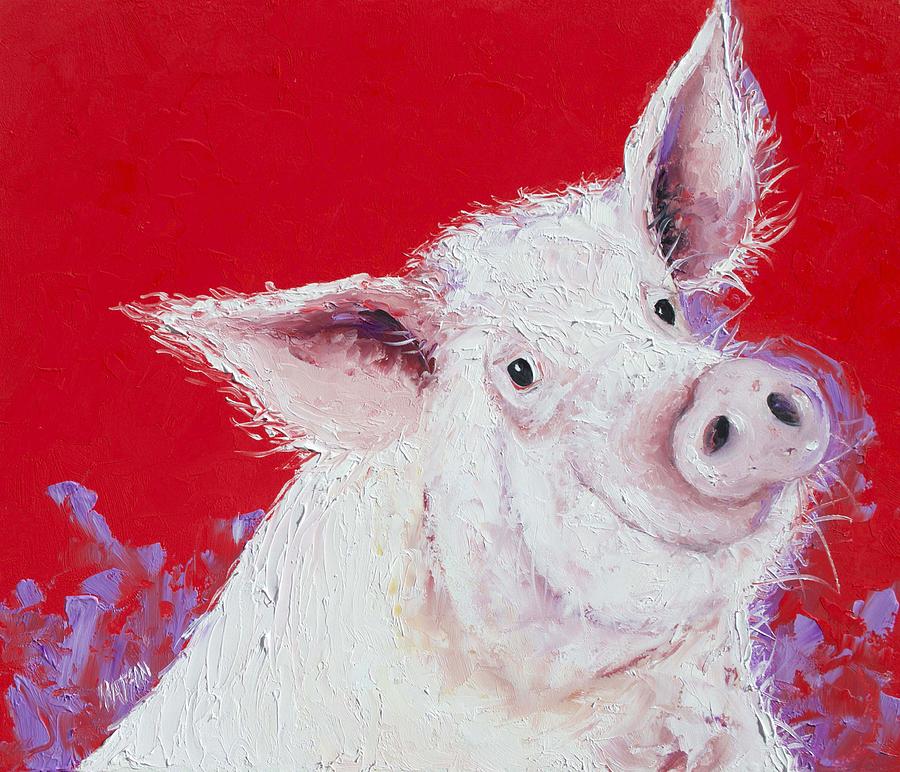 Pig painting on red background Painting by Jan Matson