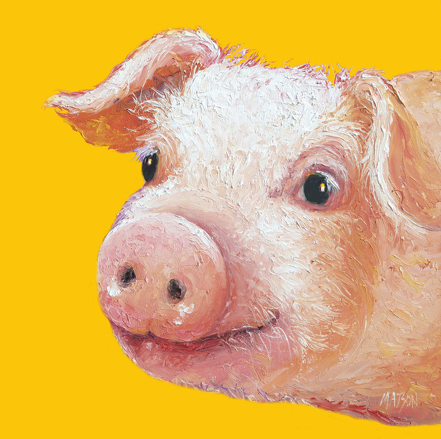 Impressionism Painting - Pig Painting on yellow background by Jan Matson