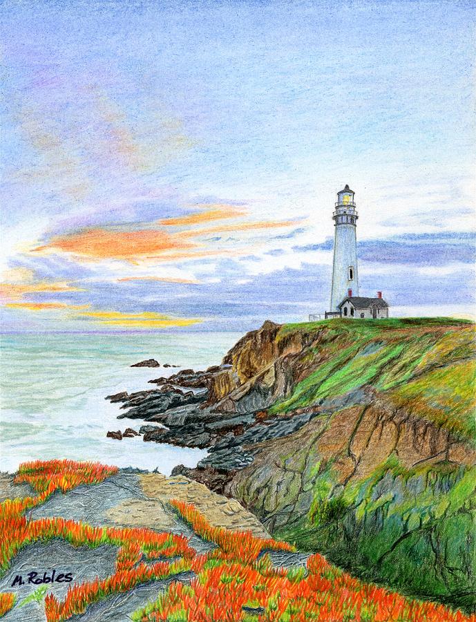 Lighthouse Painting - Pigeon Point Sunset by Mike Robles