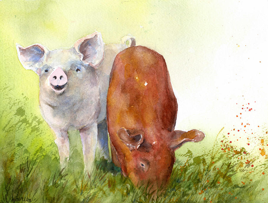 Piglets Painting by Maureen Moore