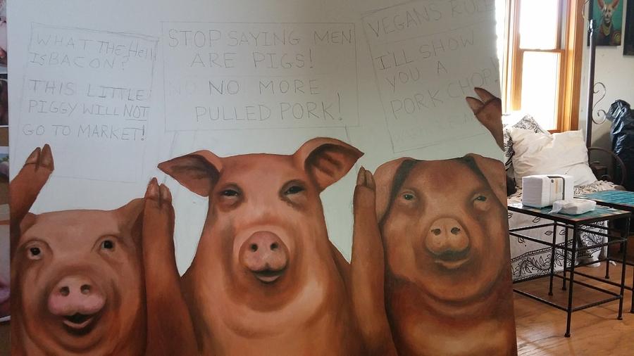 Pigs On Strike work in progress Painting by Leah Saulnier The Painting Maniac