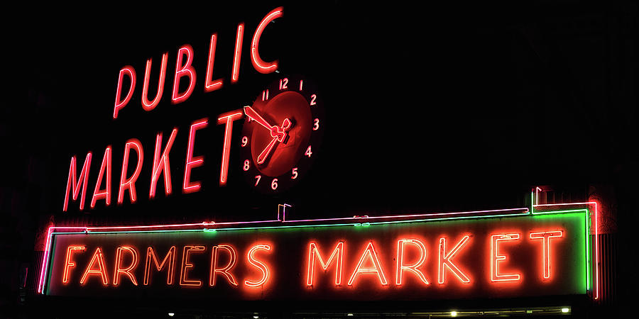 Pike Place Market Sign At Night Photograph