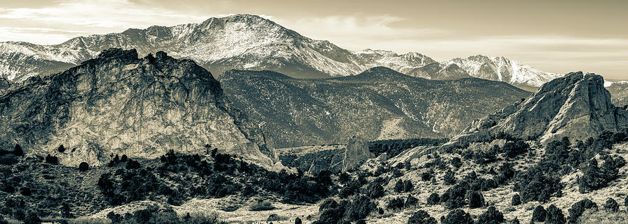Colorado Springs Photograph - Pikes Peak Mountain Panorama - Colorado Springs in Sepia 2 by Gregory Ballos
