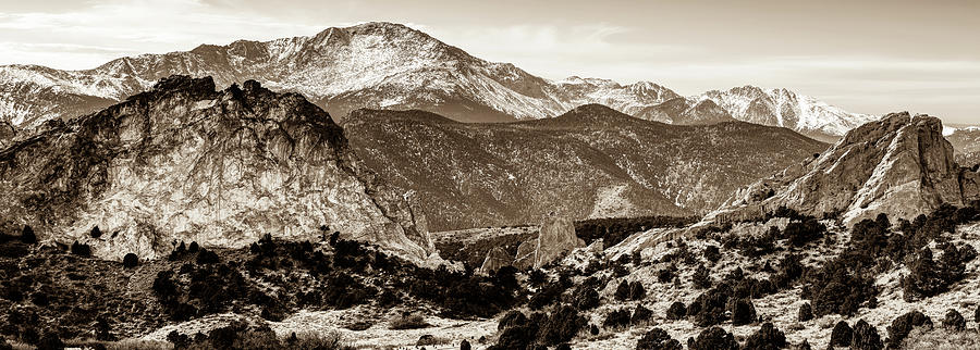 Nature Photograph - Pikes Peak Mountain Panorama - Colorado Springs in Sepia by Gregory Ballos