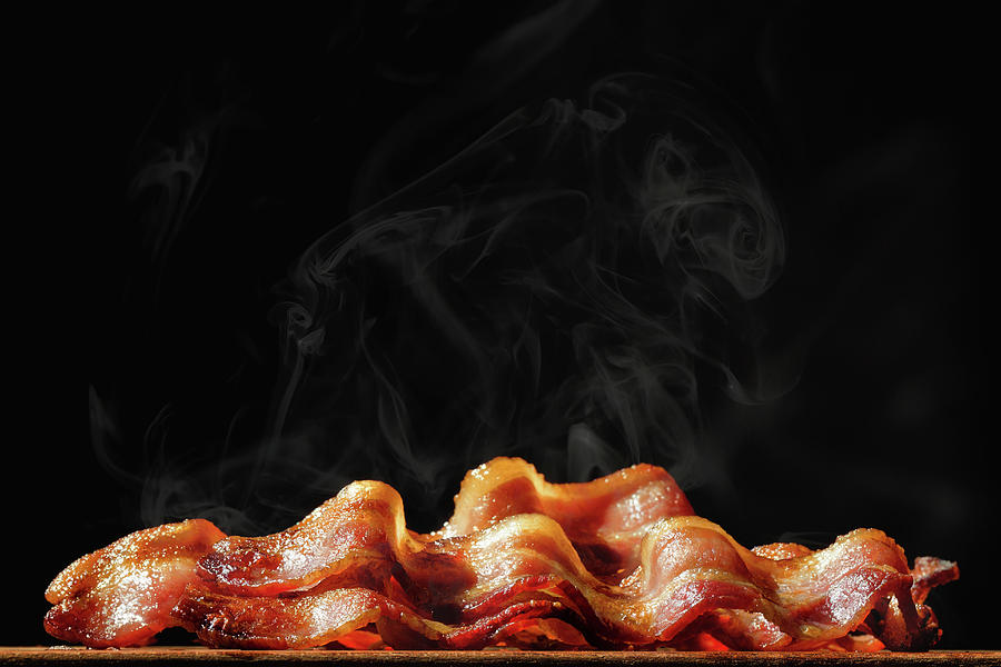 Grease Movie Photograph - Pile of Sizzling Bacon Isolated on Black by Good Focused