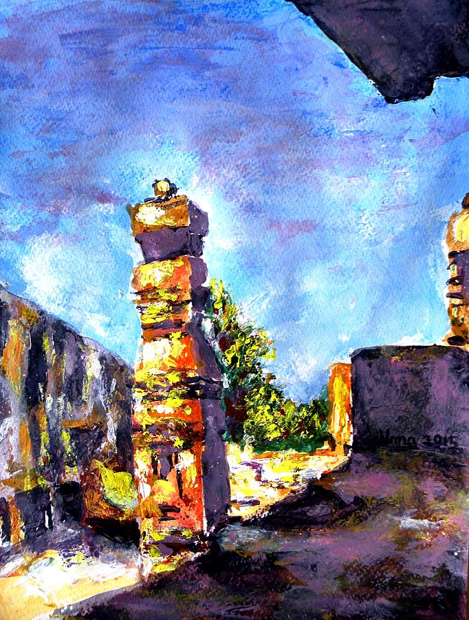 Pillar at Ellora Caves Painting by Uma Krishnamoorthy