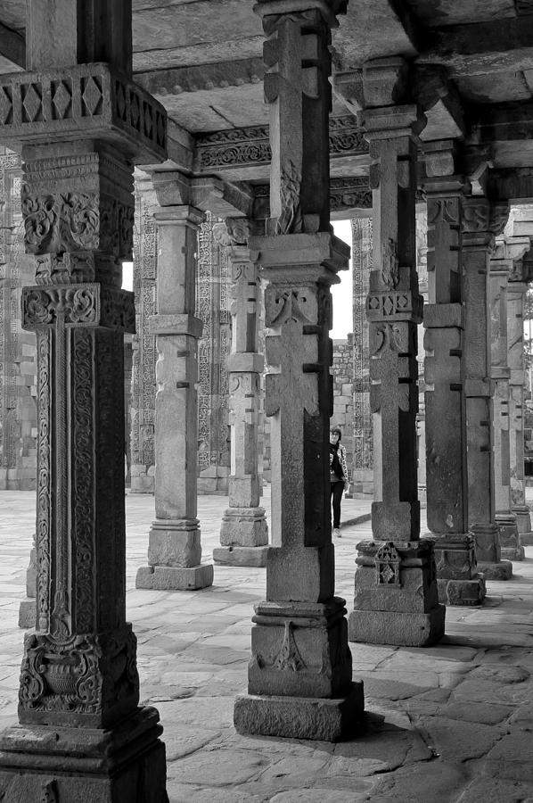 Pillars in black and white. Qutb Minar. Photograph by Elena Perelman