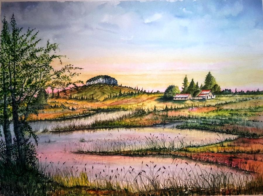 Pilot Mountain and farm Ponds Painting by Richard Benson