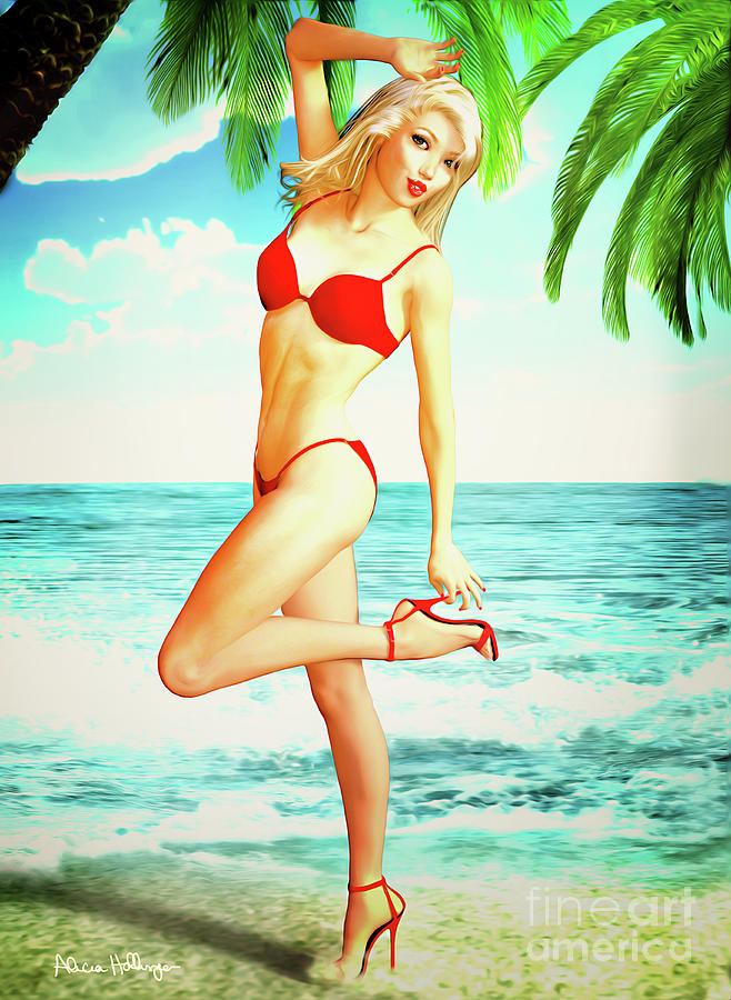 Pin-Up Beach Blonde in Red Bikini Digital Art by Alicia Hollinger