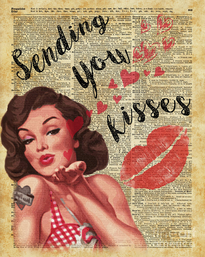 Vintage Digital Art - Pin-Up Girl Sending Kisses Vinatage Book Page Collage by Anna W