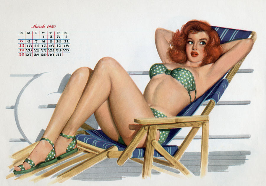 Portrait Photograph - Pin up in bikini on a deckchair on a boat by American School
