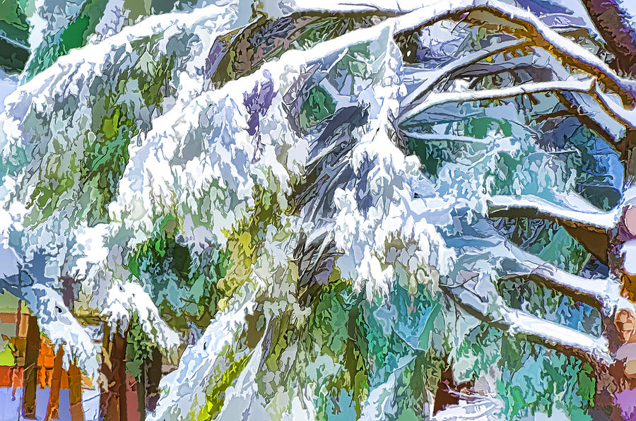 Pine branch tree under snow 4 Painting by Jeelan Clark