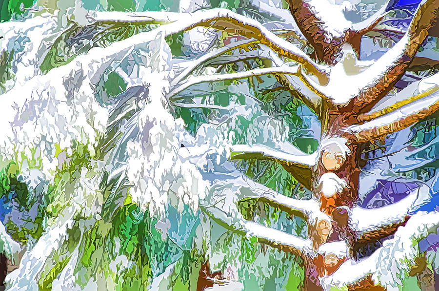 Pine branch tree under snow 5 Painting by Jeelan Clark