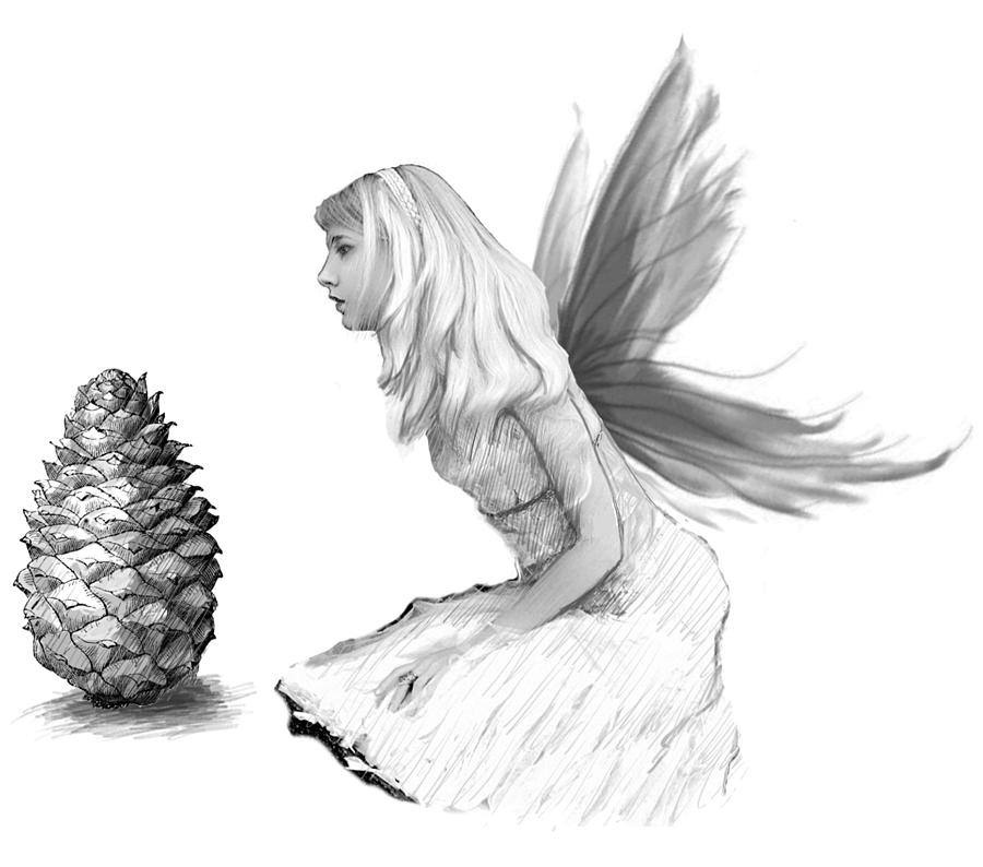 Pine Tree Fairy with Pine Cone B And W Digital Art by Yuichi Tanabe