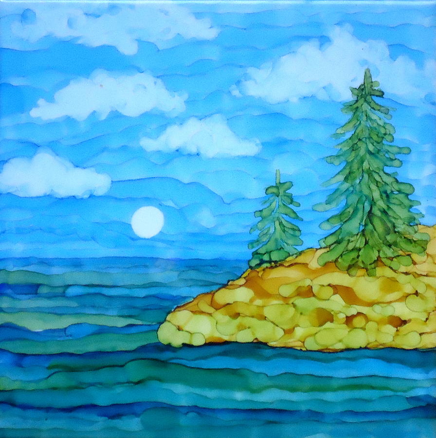 Pine Tree Moon and Water Painting Painting by Laurie Anderson