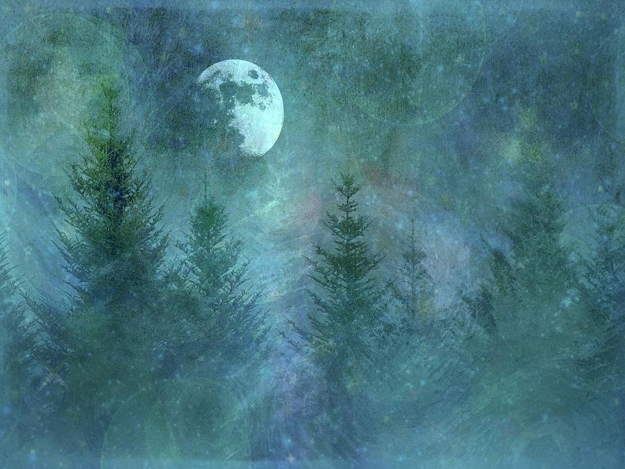 Pine Trees Under Moon Pyrography by Phyllis Meinke