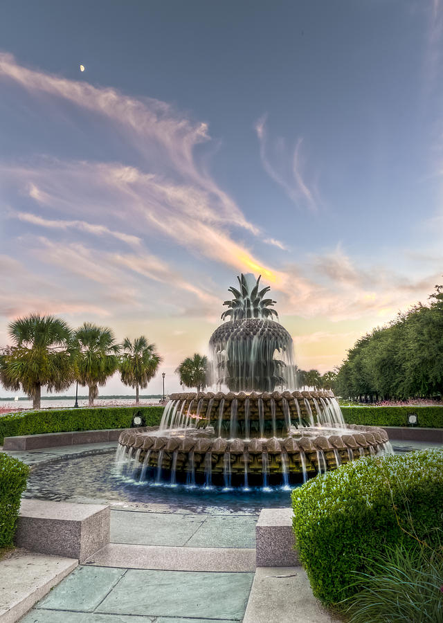 Architecture Photograph - Pineapple Fountain Sunset - Charleston SC by DCat Images