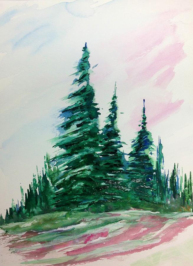Pines with Pinkish Sky Painting by Desmond Raymond